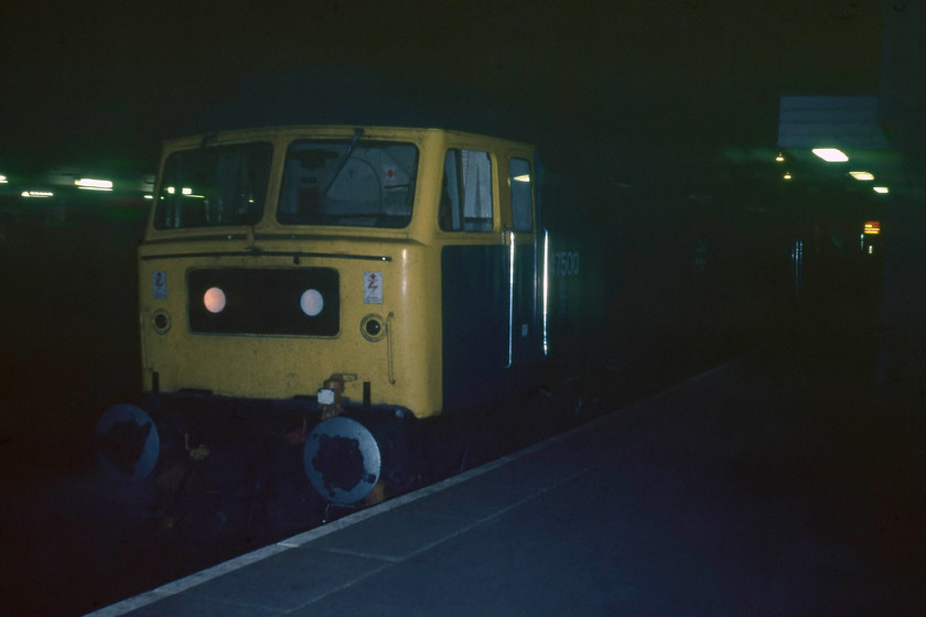 47500, 21.30 Bristol Temple Meads-Glasgow Central sleeper (1S19), Bristol Temple Meads station 
 Another night photograph of a Class 47 at Bristol Temple Meads but, this time it is a little more interesting as it is of celebrity 47500 'Great Western' and it is leading a sleeper, the 21.30 Bristol to Glasgow Central. At this time, 47500 was still in blue but with its Great Western nameplates and crests. It was not painted into its famous green livery until 1985 as part of the GWR 150 celebrations. After an uneventful life It ended up being overhauled by WCR in 2009. It saw a lot of use in their ownership until disaster struck on 23.01.13 when it caught fire after a minor derailment at the back of the 5Z47 Ardwick to Carnforth ECS on the approach to the Ordsall Curve in Manchester. This spelled the end for this historic locomotive. 
 Keywords: 47500 21.30 Bristol Temple Meads-Glasgow Central sleeper 1S19 Bristol Temple Meads station