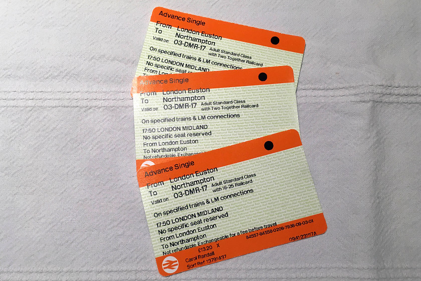 Tickets, London Euston-Northampton 
 Our tickets home on the Sunday evening from Euston to Northampton. 
 Keywords: Tickets London Euston-Northampton