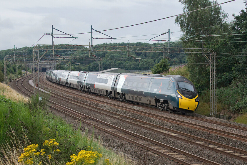 390043, VT 07.08 London Euston-Birmingham New Street (9G63, 36L), Old Linslade 
 The leading car of 390043 appears to be at full tilt as it takes a sharp curve at Old Linslade working the 07.08 Euston to Birmingham New Street Avanti service. Notice the broom producing its characteristic black seed pods, a sure sign that summer is now over halfway through! 
 Keywords: 390043 07.08 London Euston-Birmingham New Street 9G63 Old Linslade Avanti West Coast Pendolino