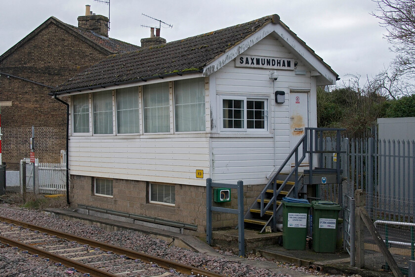 Saxmundham signal box (GE, 1881) 
 Saxmundum signal box is an interesting survivor. It was originally opened by the GER in 1881 but became the hub of the East Suffolk Line's RETB (Radio Electronic Token Block) signalling between Woodbridge and Oulton Broad, including the Sizewell branch. However, that system was discontinued in 2012 with a conventional signalling system using LED signals was introduced along with a much-needed passing loop at Beccles. The box monitors this system and takes calls from the many users of the frequent user-worked crossings the length of the line. 
 Keywords: Saxmundham signal box 1881