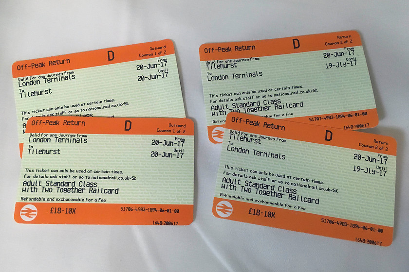 Tickets, London Paddington-Tilehurst-London Paddington 
 Our tickets from Paddington to Tilehurst and back. Not the cheapest but they were walk-on peak time tickets.