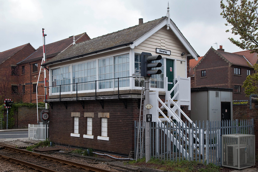 Beverley (Station) signal box (NE, 1911) 
 Originally named Beverley Station signal box to become just Beverley after the closure of the North signal box, the North Eastern 1911 box is grade II listed. It retains many of its original features such as the slate roof, finials along with the timber window frames and steps. It is described as being a 'good example of the type having group value with the station buildings.' The relatively recently built houses behind the box blot out a once clear view of one of Beverley's other architectural gems, the wonderful gothic minster. 
 Keywords: Beverley Station signal box