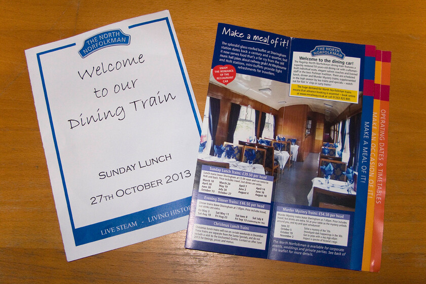 Ticket & NNR guide information, The North Norfolkman 
 The 'ticket' for our trip on the North Norfolkman Dining Train. It is special experiences like this that are popular with visitors and is something that acts as a strong financial stream for heritage lines. The team of staff that attended to our dining needs were professional serving a four-course whilst on the move between Sheringham and Holt. 
 Keywords: Ticket NNR guide information The North Norfolkman