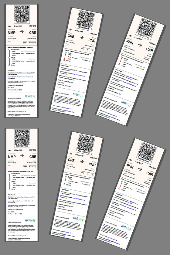 Tickets, Northampton-Carlisle 
 Our e-tickets from Northampton to Carlisle were split three ways in order to save us a few pounds. We used our two together card for a further discount but as they are not valid until after 09.30 these did not save us a great deal as by this time we were north of Warrington on a Pendolino! 
 Keywords: Tickets Northampton-Carlisle