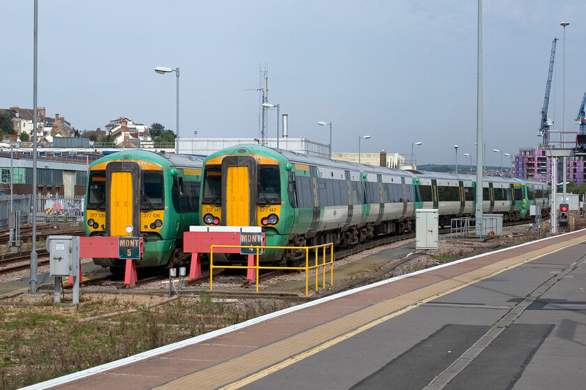 377126 & 377147, stabled, Lover's Walk depot 
 Two Electrostars rest in sidings at the extreme southern end of Brighton's Lover's Walk depot. 377126 and 377147 represent just two of Souther's fleet that numbers over two hundred operating throughout their network bar just three routes; the takeover is pretty much complete! 
 Keywords: 377126 377147 Lover's Walk depot Southern Electrostar