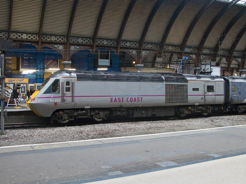 43300, GR 06.26 Edinburgh Waverley-London King's Cross (1E09), York station 
 A side-on view of HST power car 43300 'Craigentinny' as it stands at York station at the rear of the 06.26 Edinburgh to King's Cross East Coast service. This power car, named in 2009, was unleashed on to the ECML back in October 1978 as part of set 254023 where it has operated ever since; goodness only knows how many miles it has covered in the last thirty-six years? 
 Keywords: 43300 06.26 Edinburgh Waverley-London King's Cross 1E09 York station East Coast HST Craigentinny