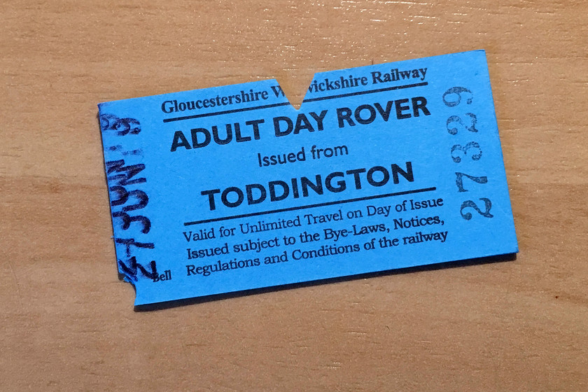 Rover ticket 
 My rover ticket for travel on the Gloucestershire and Warwickshire Railway was good value at 19. The services were prompt and regular with very clean trains offering lovely views of the Gloucestershire countryside all enhanced by some stunning summer weather! 
 Keywords: Rover ticket