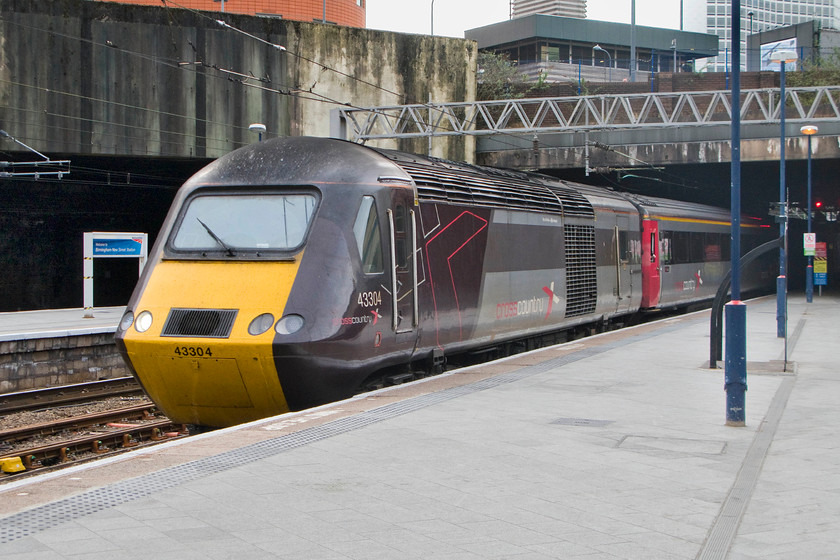 43304, XC 12.25 Plymouth-Glasgow Central (1S51), Birmingham New Street station 
 The 12.25 Plymouth to Glasgow Central hst arrives into Birmingham New Street. It is being led by 43304, a former Eastern Region power car that as 43104 was part of 254025. If I was undertaking this joureny I would do my level best to select this service and travel on an hst rather than a cramped and noisy Voyager! 
 Keywords: 43304 12.25 Plymouth-Glasgow Central 1S51 Birmingham New Street station CrossCountry hst