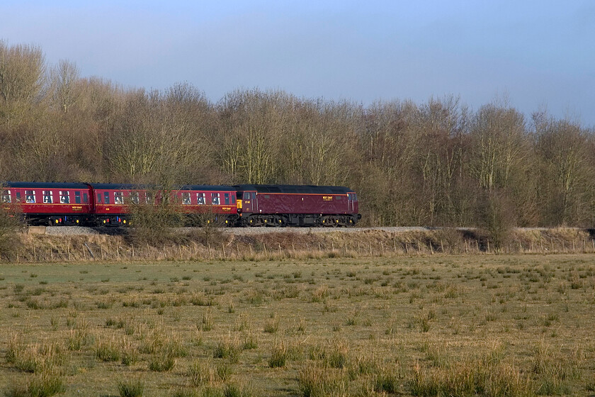 57601, outward leg of the 'Heart of Wales', 05.02 Cardiff Central-Oxford (circular route via Welsh Marches) (1Z39), King's Sutton SP498354 
 This is a railtour with a very strange route! It originated from Cardiff leaving at a very antisocial 05.02 heading east to Didcot to take the rarely used North Junction to then head to Shrewsbury. There, steam in the form of 44871 and 45407 'The Lancashire Fusilier' would take over to head back to Pangam. Later again, the train would return to Oxford (not its starting point!) hauled by 57601 as seen here at King's Sutton. What a complicated day out! 
 Keywords: 57601 Heart of Wales 05.02 Cardiff Central-Oxford circular route via Welsh Marches 1Z39 King's Sutton SP498354.