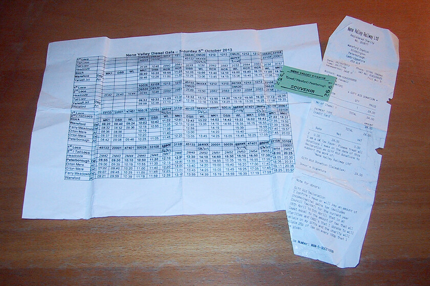 Timetable & ticket, NVR diesel gala 
 My ticket to travel on the Nene Valley Railway for the day as part of their autumn diesel gala is seen along with the intensive timetable that they operate. The NVR's galas are always popular with enthusiasts who both travel on the diverse services and lineside; long may this continue! 
 Keywords: Timetable & ticket NVR diesel gala