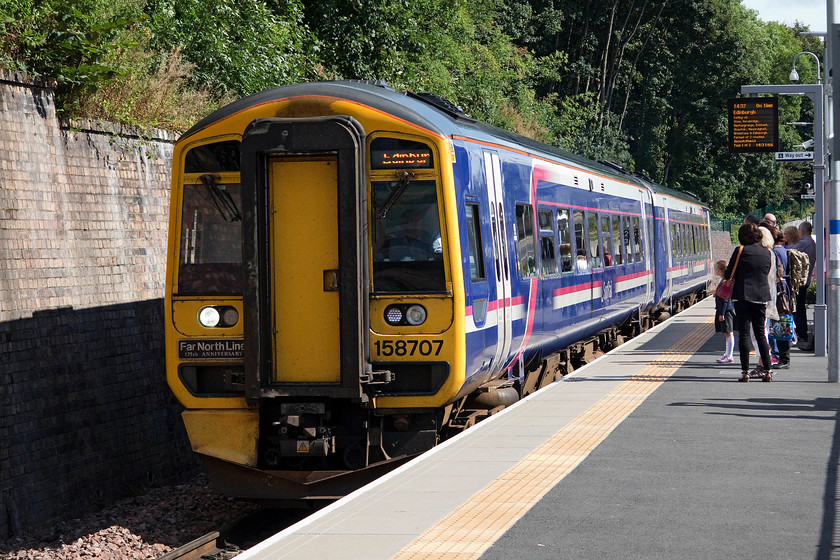 158707, SR 14.28 Tweedbank-Edinburgh Waverley (2T87), Galashiels station 
 158707 arrives into Galashiels station with the 14.28 Tweedbank to Edinburgh Waverley. I travelled on this 2T87 service all the way back. The ride was very smooth and the journey was very photogenic. This line has proved to be very popular in its first year of opening and a compelling case is building to continue it further to once again link with the WCML just north of Carlisle. 
 Keywords: 158707 14.28 Tweedbank-Edinburgh Waverley 2T87 Galashiels station