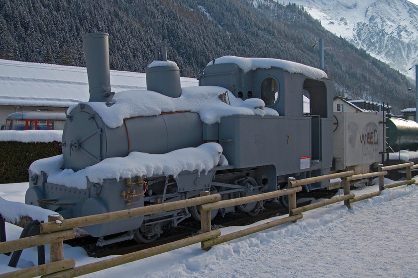 7, Chamonix-Montenvers station 
 The Chamonix to Montenvers railway, that climbs for just 3.2 miles from Chamonix deep in the valley at a gradient of between 11 and 22%. Until 1953 it was operated by steam power, here one of the former locomotives, number six stands a little forlornly at Chamonix. 
 Keywords: Chamonix-Montenvers station