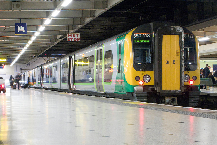 350113, LM 19.49 London Euston-Birmingham New Street (1Y79), London Euston station 
 350113 sits at platform seven of Euston to work the 19.49 to Birmingham New Street. My wife and I took this train home to Northampton, our regular homeward bound service. 
 Keywords: 350113 19.49 London Euston-Birmingham New Street 1Y79 London Euston station