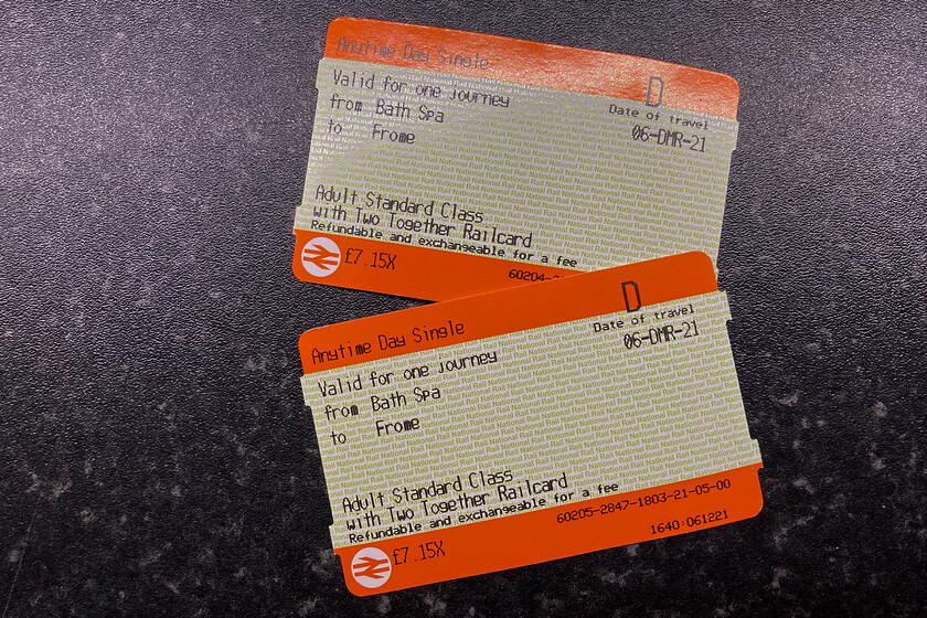 Tickets, Bath Spa-Frome 
 Our single walk-on tickets for our journey from Bath to Frome. With our two together discount loaded this works out at 33pence/mile. 
 Keywords: Tickets Bath Spa-Frome