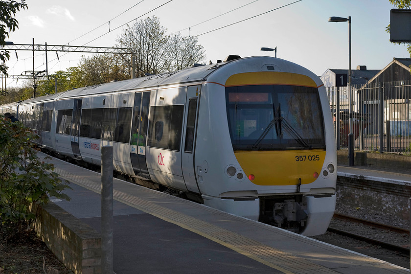 357025, CC 18.23 Shoeburyness-Shoeburyness Depot, (5S15), Shoeburyness station 
 After having a relatively easy day on the Abellio Greater Anglia network with most stations 'open' and even those that were 'closed' allowing Andy and I access, we found c2c a very different proposition. All of their stations are firmly closed and the general policy seemed to be to prevent enthusiasts from hopping on to the platforms for a few minutes and take a photograph. Indeed, here at Shoeburyness station I was challenged taking this photograph through the railings by an employee with incorrectly saying that 'I needed permission to take photographs of trains' and that he would 'call the BTP if we didn't move on'. I really wanted to take him on and see what would happen if he did call the authorities but we did not have time to wait so I suggested that he reads his rule book and to get his facts correct! 357025 has just arrived from Fenchurch Street and is returning the very short distance to the extensive depot as 5S15. 
 Keywords: 357025 18.23 Shoeburyness-Shoeburyness Depot 5S15 Shoeburyness station Electrostar c2c