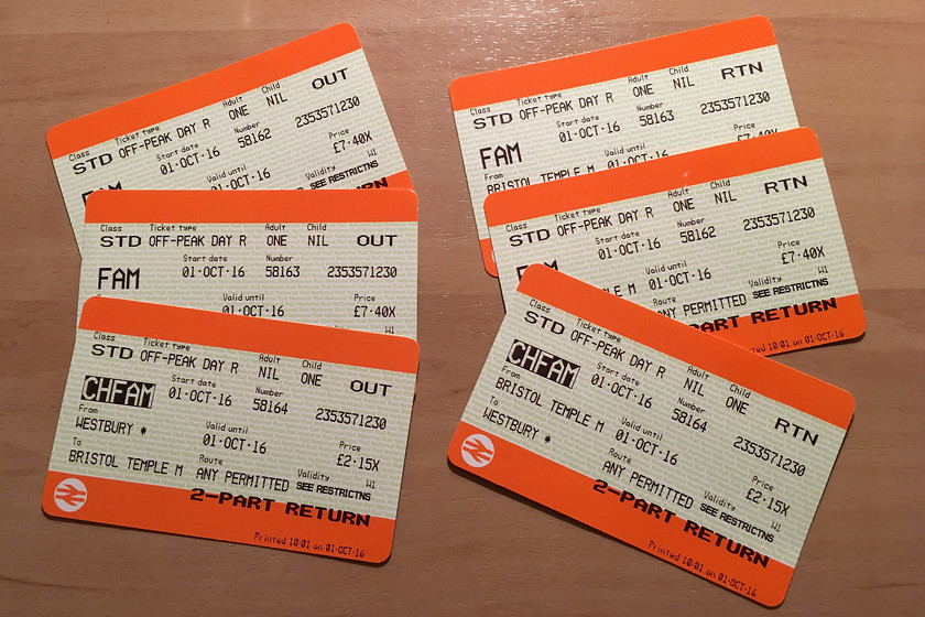 Tickets, Westbury-Bristol Temple Meads-Westbury 
 Our return tickets from Westbury to Bristol Temple Meads, at 17 for all three of us I suppose that it was not too bad value considering that it was a walk-on fare. 
 Keywords: Tickets Westbury-Bristol Temple Meads-Westbury