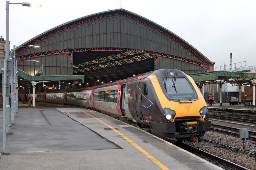 221138, XC 10.07 Paignton-Manchester Piccadilly (1M41, 3L), Bristol Temple Meads station 
 With the demolition of the awful Royal Mail conveyor bridge that linked all platforms of Temple Meads to the adjacent sorting office (now also demolished) the grandeur of the Sir Francis Fox designed 1878 trainshed is revealed in its full glory! Here, 221138 is waiting at the station working the 10.07 Paignton to Manchester Piccadilly. My wife and I took this train from Bristol to Birmingham New Street as the second leg of our journey home from the West Country. 
 Keywords: 221138 10.07 Paignton-Manchester Piccadilly (1M41, 3L), Bristol Temple Meads station Voyager CrossCountry Trains