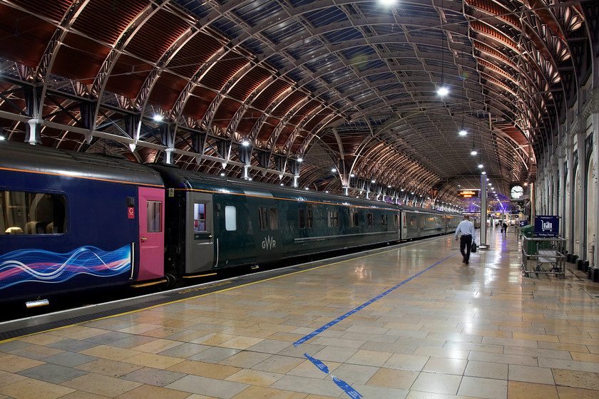 Coaching stock, GW 23.45 London Paddington-Penzance Sleeper (1C99, 2E), London Paddington station 
 Dwarfed by the magnificent Brunel train shed at Paddington the 23.45 Paddington to Penzance 1C99 Night Riviera Sleeper waits to leave. Whilst these comfortable but ageing Mk.III sleeper coaches are secure for the future on this route, Caledonian Sleeper are replacing their's with new stock next year such is the revival of sleeper services in the UK. 
 Keywords: Coaching stock 23.45 London Paddington-Penzance Sleeper 1C99 London Paddington station