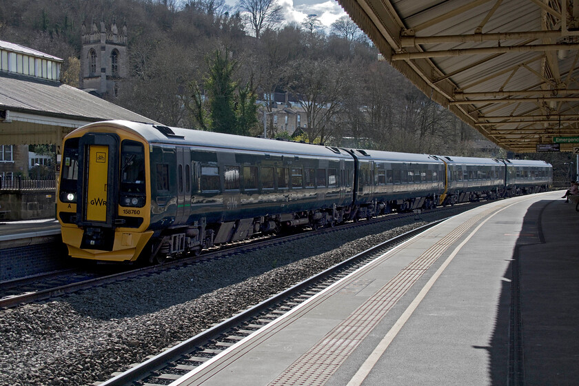 158760 & 158745 GW 14.30 Cardiff Central-Portsmouth Harbour (1F21, 1L), Bath Spa station 
 This is something that I have never observed throughout my whole time spotting at Bath since the mid-1970s, a train running into the station 'wrong line'. Due to an up Paddington train hot on its heels, the 14.30 Cardiff to Portsmouth 1F21 is routed on to platform one. 158760 and 158745 slow for the stop at the station with the passengers waiting for the train having been given precious few minutes to change platforms! 
 Keywords: 158760 158745 14.30 Cardiff Central-Portsmouth Harbour 1F21 Bath Spa station First Great Western Railway Express Sprinter