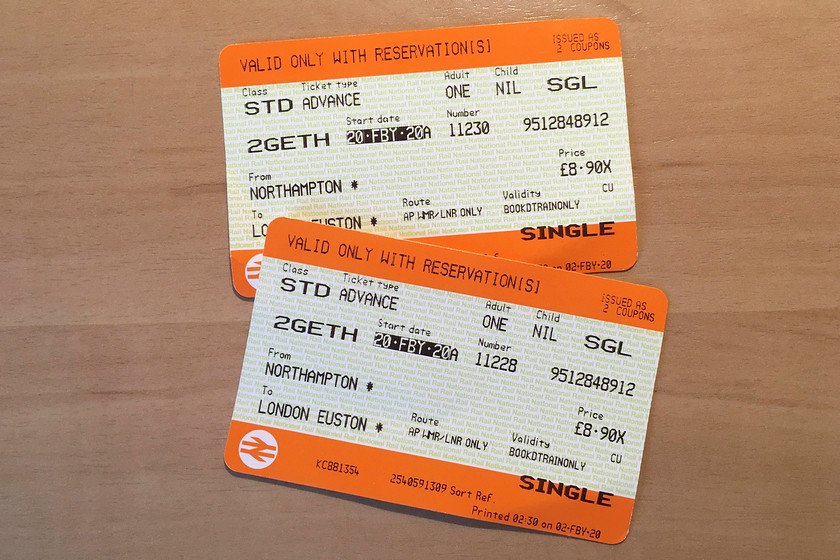 Tickets, Northampton-London Euston 
 Our advanced off-peak tickets with the two together discount worked out to be nearly 9 each. Not bad value I suppose! 
 Keywords: Tickets Northampton-London Euston