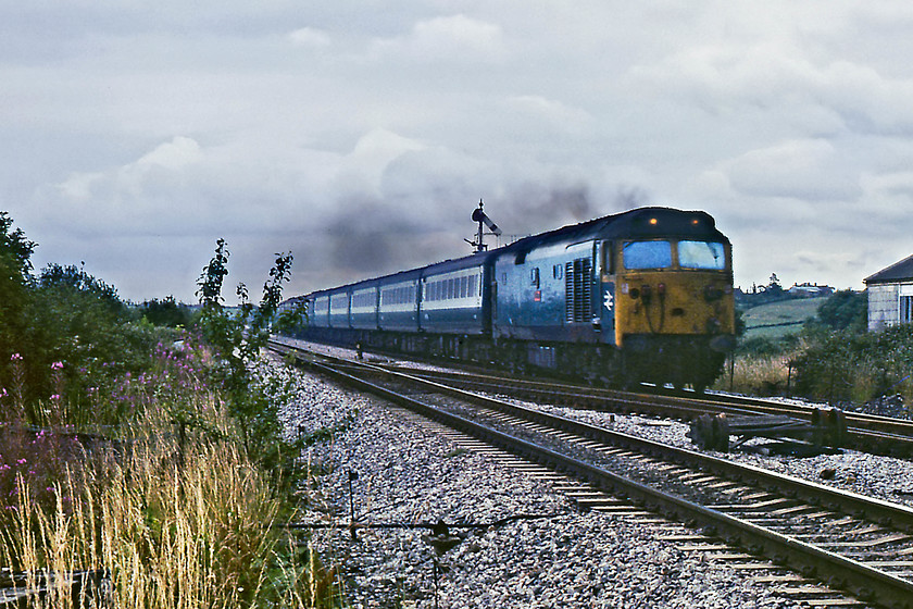 50035, 12.30 London Paddington-Paignton (1B76), Athelney 
 50035 'Ark Royal' was the first of the class to be named in January 1978. It is seen on a gloomy afternoon leading the 1B76 12.30 London Paddington to Paignton past Athelney. The photograph is taken from the level crossing opposite the former signal box. Ark Royal is owned by the Class 50 Alliance and was the first member of the class to be preserved. 
 Keywords: 50035 12.30 London Paddington-Paignton 1B76 Athelney