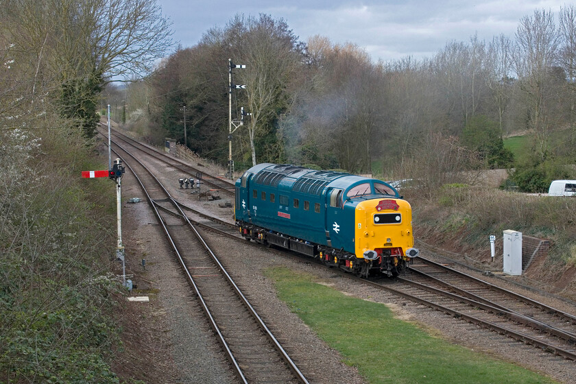 55009, coming off-shed, Quorn & Woodhouse 
 With the DPS AGM over and the guest speaker having presented his excellent talk to the gathered members, it was time for the train to return back to Loughborough via a return run to Rothley. 55009 'Alycidon' has been fired up and has moved out of Quorn and Woodhouse Yard in preparation to join the back of the stock already standing in the station. 
 Keywords: 55009 Quorn & Woodhouse Alycidon 55013 The Black Watch DPS Deltic Preservation Society