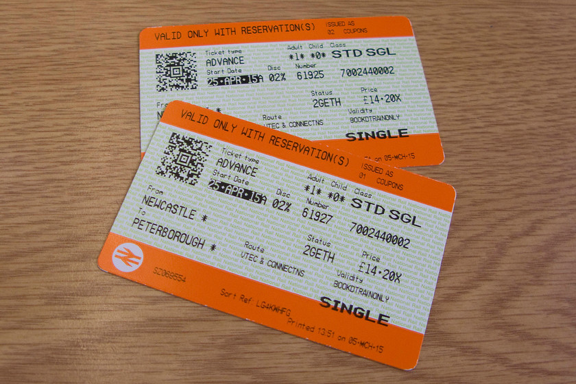 Tickets, Newcastle-Peterborough 
 Our return tickets from Newcastle were excellent value at 14 apiece. This represents just over seven pence per mile, a third less than the outward journey. The return journey was also slightly longer as we travelled via Leeds, so taking that revised route into account brings the cost per mile down to just over six and a half pence. 
 Keywords: Tickets Newcastle-Peterborough