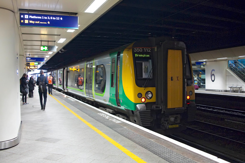 350112, LM 11.49 London Euston-Birmingham New Street (1W11, RT), Birmingham New Street station 
 Having arrived into the catacombs that is New Street station (despite its multi-million pound rebuild) 350112 waits to return south. We had travelled on the 11.49 ex. London Euston from Northampton. 
 Keywords: 350112 11.49 London Euston-Birmingham New Street 1W11 Birmingham New Street station