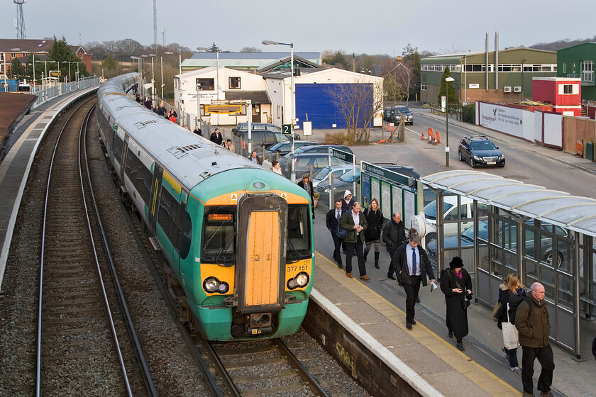 377151, 17.34 London Victoria-Bognor Regis, Billingshurst station 
 Evening commuters make their weary way along the platform at Billingshurst having alighted from the 17.34 Victoria to Bognor service worked by 377151. At forty-four miles from London it is classic commuter belt territory and a station that has recently had its platform lengths doubled to accommodate eight-car units. 
 Keywords: 377151 17.34 London Victoria-Bognor Regis Billingshurst station