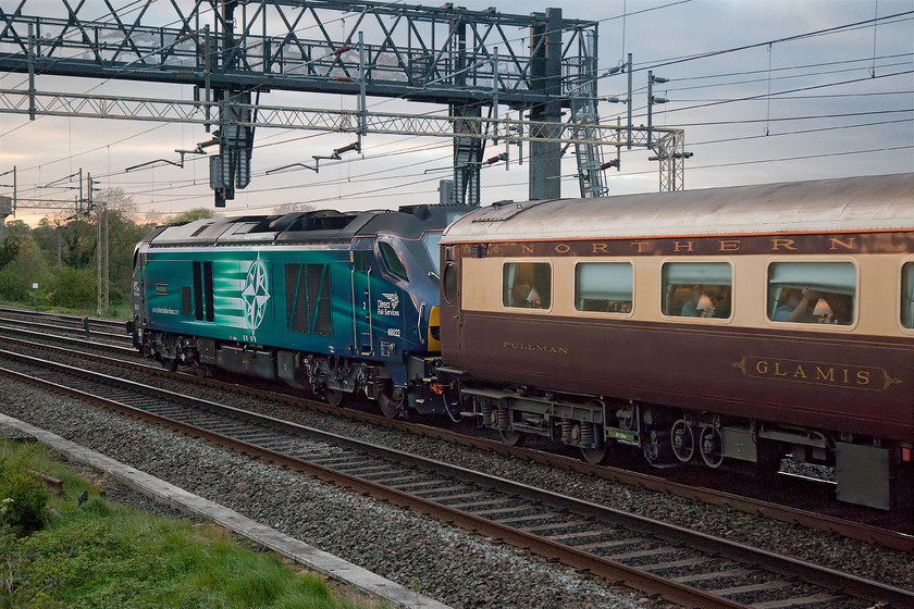 68022, return leg of The Class 88 VIP Launch, 16.40 Carlisle London Euston (1Z89), Roade Hill 
 Whilst the invited officials and dignitaries enjoy their dinner aboard The Class 88 VIP Launch 1Z89 heads south past Roade Hill in Northamptonshire. The more observant will note that this is not a class 88 but 68022 'Resolution'. 88002 'Prometheus' was up the front of the train running under electric power. The whole train ran as the 16.40 Carlisle to London Euston. 
 Keywords: 68022 The Class 88 VIP Launch, 16.40 Carlisle London Euston 1Z89 Roade Hill