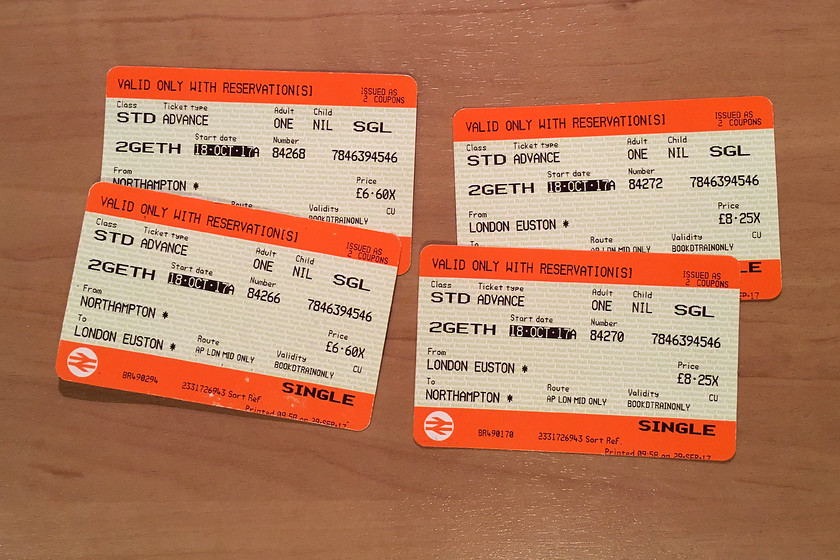 Tickets, Northampton-London Euston-Northampton 
 Our tickets for the return journey, this is the average fare that we are used to paying for this off-peak return trip from Northampton to Euston. 
 Keywords: Tickets, Northampton-London Euston-Northampton