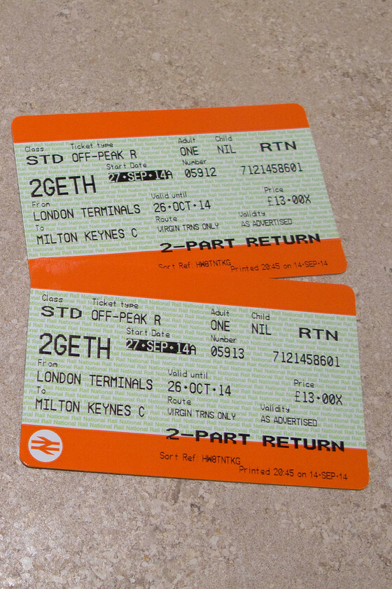 Tickets, London Euston-Milton Keynes 
 Our return leg tickets show that the journey cost us just 13 for both journeys there and back. Pretty good value considering the journey was with Virgin Trains that took just about thirty minutes between Milton Keynes and London. 
 Keywords: Tickets London Euston-Milton Keynes Virgin West Coast