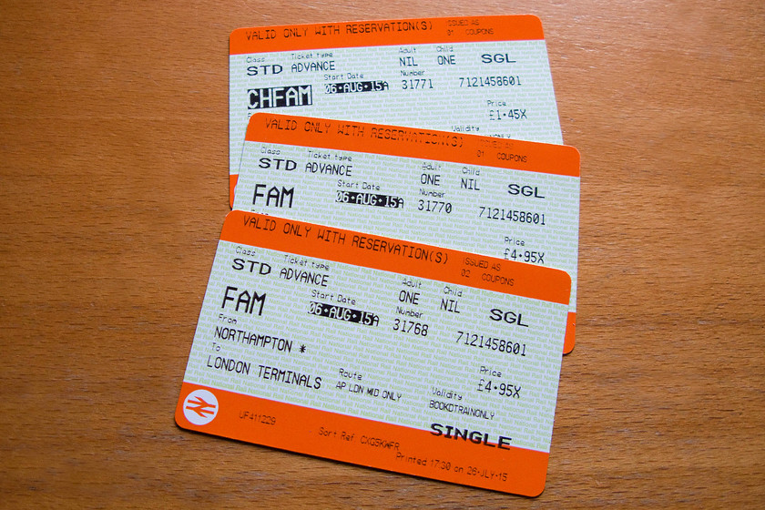 Tickets, Northampton-London Euston 
 My wife and son and I travelled to London with our family railcard discount loaded. The total advanced single fare was just over ten pounds which is reasonable value for money. 
 Keywords: Tickets Northampton-London Euston London Midland Railway