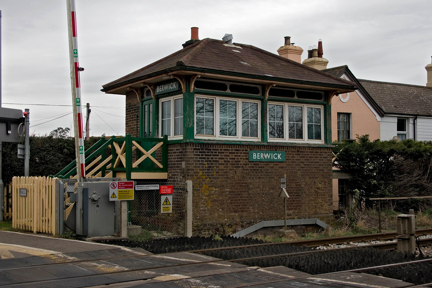 Berwick signal box (LB & SCR, 1879) (Closed) 
 The lovely ex London Brighton and South Coast Railway signal box at Berwick. It is a Saxby and farmer design being opened in 1879. It retains all of its original features and is painted in the correct Southern green colours scheme. Like its smaller cousin at Bexhill, it retains its chimney stack and pot, but this example also has its lovely (reproduction?) steps. 
 Keywords: Berwick signal box