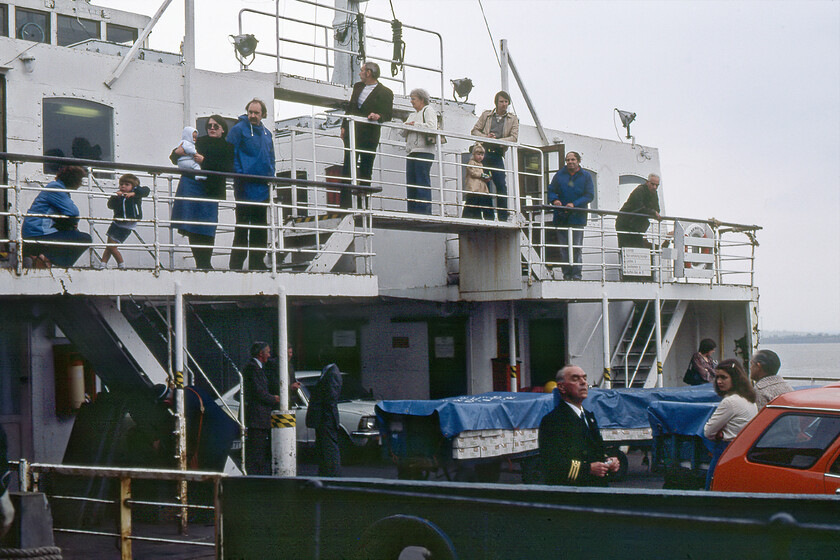 Car deck, MV Farringford 
 With the MV Farringford all loaded and secured it is preparing to set sail from New Holland Pier with the 15.15 service to Hull Corporation Pier. MV Farringford dated from 1947 being commissioned by the Southern Railway but actually handed over to the British Railways Board as nationalisation took place during the intervening period. It entered service on the Lymington to Yarmouth Isle of Wight route where it did stirling work until moving to the Humber route in 1977 with an overhaul and extensive hull replating taking place at a cost of 140,000 (today (2022) just over a million pounds) prior to entering service. The ferry stayed in continual operation apart from scheduled maintenance and the odd breakdown until a week after this photograph was taken when the crossing ceased with the opening of the Humber bridge. 
 Keywords: Car deck MV Farringford Sealink