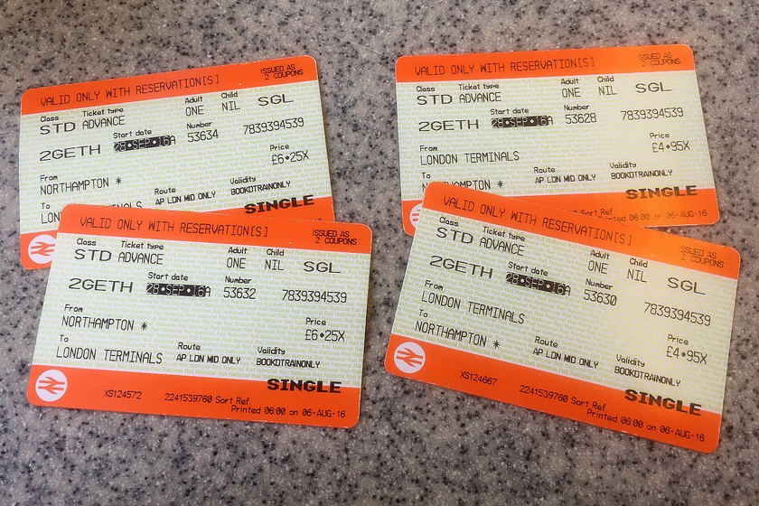 Tickets, Northampton-London Euston-Northampton 
 Our return tickets from Northampton to Euston. 22.40 is pretty good value for the pair of us to get to London and back, try doing that in a car including parking for a day! 
 Keywords: Tickets Northampton-London Euston-Northampton