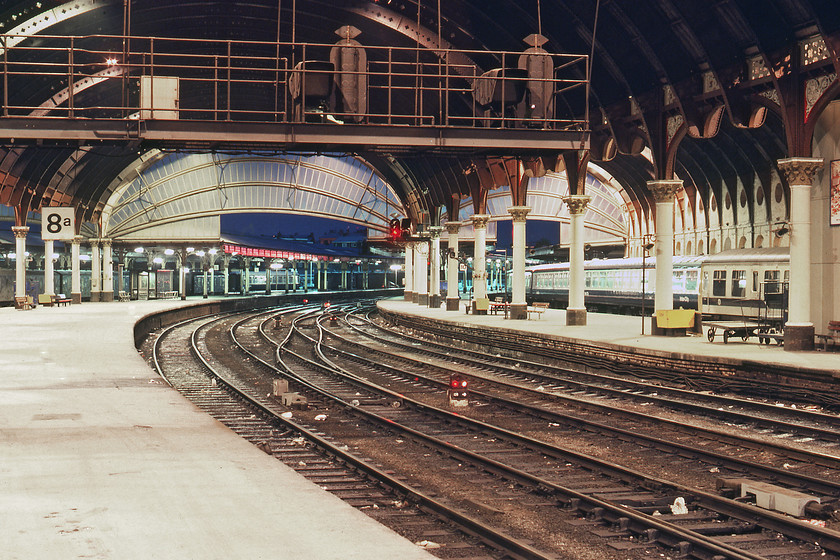 York station, looking south 
 This scene looking south through York station is still essentially the same today but for the removal of the centre running lines and the installation of the overhead wiring. Off course, the Class 101 DMU in the colours of the West Yorkshire Passenger Transport Executive, the Mk. II stock and the GUVs have all gone too! 
 Keywords: York station looking South