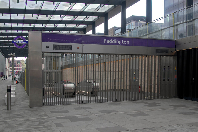 Crossrail entrance, London Paddington station 
 I wonder how long it will be until the escalators at the new Crossrail Paddington station will be carrying passengers to and from the concourse and then the platforms below? According to Crossrail's slick website, this should be during the spring of 2022, see..... https://www.crossrail.co.uk/news/articles/crossrail-project-update 
 Keywords: Crossrail entrance London Paddington station