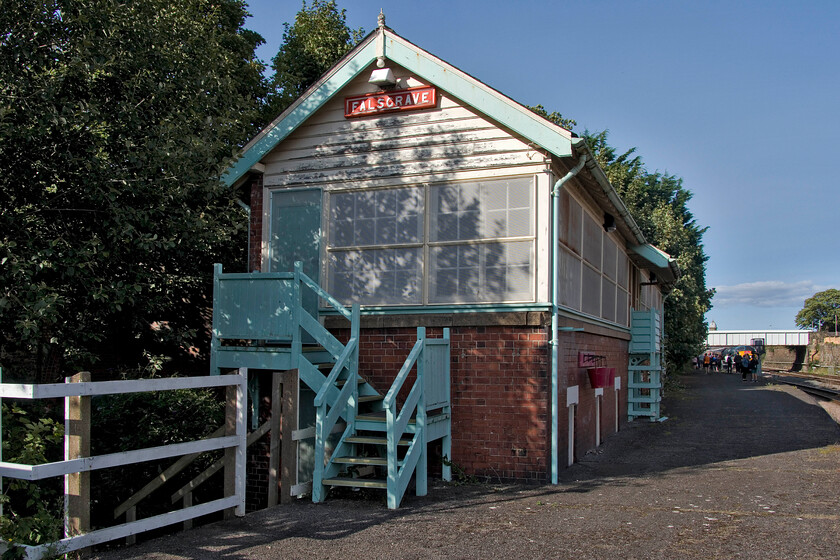 Former Falsgrave signal box (NE, 1908) 
 The superb North Eastern Railway Falsgrave signal box was built in 1908 and once controlled the signalling in and around Scarborough station. It was famed for its superb gantry that spanned the line from about the point where I am standing that was thankfully saved and now in use at Grosmont on the North Yorkshire Moor's Railway, see..... https://www.ontheupfast.com/p/21936chg/26273780404/x926-10-00-whitby-pickering-1t11 The box shut in November 2010 when the semaphores were removed but the box still stands and is maintained due to its prominent position on the platform and that it is Grade II listed. 
 Keywords: Former Falsgrave signal box 1908 North Eastern Railway