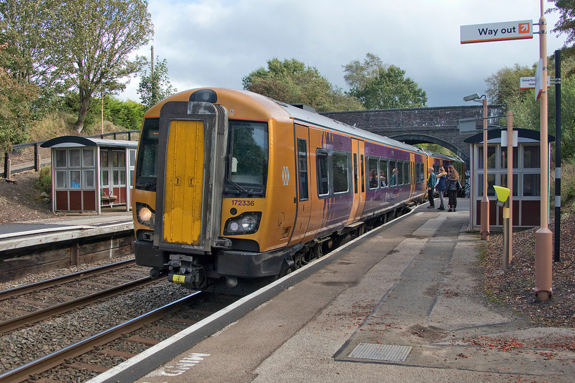 172336, LN 14.26 Stratford-on-Avon-Stourbridge Junction (2J55, 1L), The Lakes station 
 I think that I like the new West Midlands Trains livery...it's very gold! 172336 has been flagged down by passengers at The Lakes request stop station working the 14.26 Stratford-on-Avon to Stourbridge Junction service. There are only two stations on the network beginning with the definitive article, one is this one, the other one is not far from this location in north-west Birmingham serving West Bromwich Albion football club, The Hawthorns. 
 Keywords: 172336 14.26 Stratford-on-Avon-Stourbridge Junction 2J55 The Lakes station