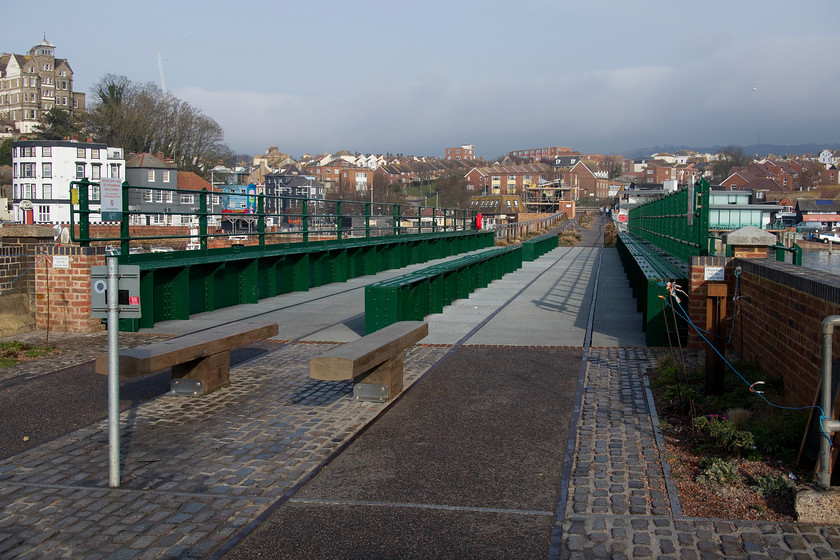 Former swing bridge, Folkestone Harbour 
 Following final closure and subsequent removal of the track, the Folkestone Harbour swing bridge has been renovated and put to use for pedestrians. This is a small part of the wider rejuvenation project for the harbour arm and greater harbour area. 
 Keywords: Former swing bridge Folkestone Harbour