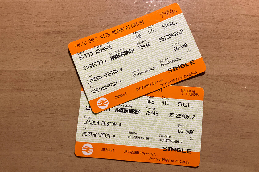 Tickets, London Euston-Northampton 
 Our single return tickets from Euston to Northampton. As we were using single advanced tickets we had to travel on a specific train that my wife was a little concerned about. It actually made us arrive early at Euston to ensure that we did not miss the requisite train giving us time for a coffee! 
 Keywords: Tickets London Euston-Northampton