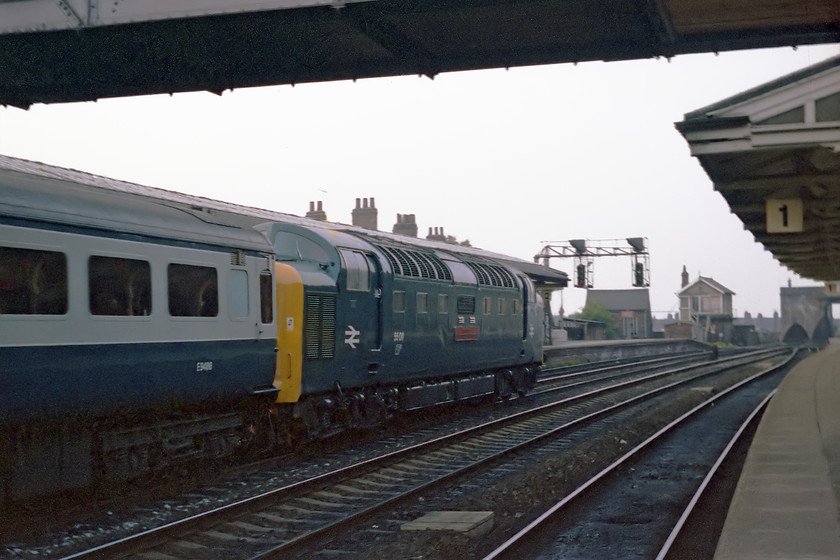 55011, unidentified down working, Selby station 
 In the days before the Selby diversion was constructed the station was a busy bottleneck. 55011 'The Royal Northumberland Fusiliers' takes the centre road through Selby station with an unidentified down working. Whilst the station is still present it is a shadow of its former self with just two lines and a south facing bay platform in operation. 
 Keywords: 55011 down working Selby station