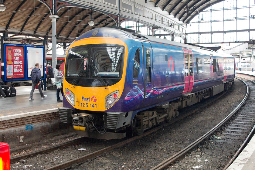 185141, TP 12.06 Newcastle-Liverpool Lime Street, Newcastle station 
 TPE 185141 waits to leave Newcastle station with the 12.06 to Liverpool Lime Street. Whilst these units are fast and roomy my experience of travelling in them has been somewhat marred by high noise and vibration levels. 
 Keywords: 185141 12.06 Newcastle-Liverpool Lime Street Newcastle station