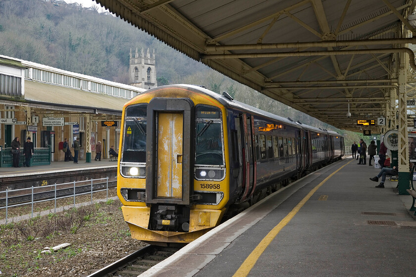 158958, GW 11.44 Gloucester-Brighton, Bath Spa station 
 Express Sprinter 158958 arrives at Bath Spa station working the 11.44 Gloucester to Brighton service. This train (and its balancing return working) always seems a very odd service but would prove to be very useful to travellers. It is the only one that will bring a First Great Western train deep into Southern territory at Brighton. 
 Keywords: 158958 11.44 Gloucester-Brighton Bath Spa station FGW First Great Western Express Sprinter