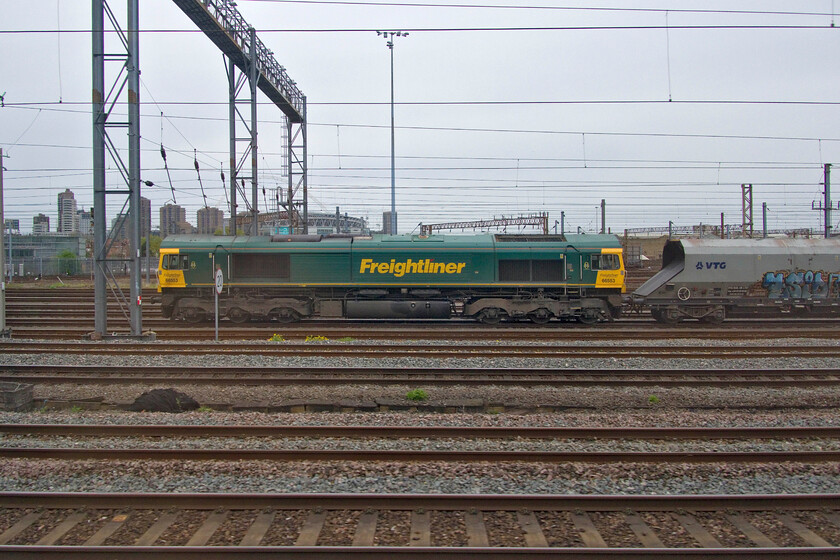 66553, unidentified stone train, Wembley Yard 
 I spent a while on the internet trying to find out what stone train 66553 was working on this Saturday afternoon; shouldn't have been that tricky really should it? However, try as I could no appropriate working in or out of Wembley Yard could be found. However, then I noted postings by serial RailGenner Chris Warman (a driver for London Northwestern) saying he had seen it on the Friday before, seeming switched off and then also on the following Monday so the train will remain a mystery! 
 Keywords: 66553 unidentified stone train Wembley Yard