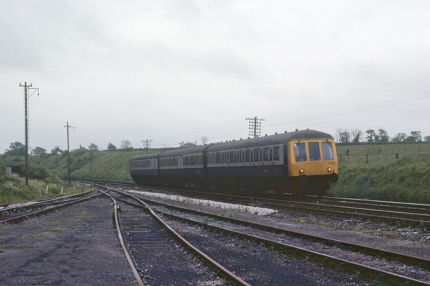 Class 116 DMU set P319, unidentified down service, Whimple good yard 
 I was under the impression that DMUs were not particularly common on the L&SWR route between Salisbury and Exeter the route more normally being associated with locomotive-hauled services. A Class 116 DMU set number P319 is seen arriving at Whimple with a service heading towards Exeter. If anybody can advise me as to what service this could have been please do get in touch via the contact me link at the bottom of the page. This is not a very good quality photograph but in fairness it was one that I rescued from the reject box largely due to its subject matter. 
 Keywords: Class 116 DMU set P319 down service Whimple good yard