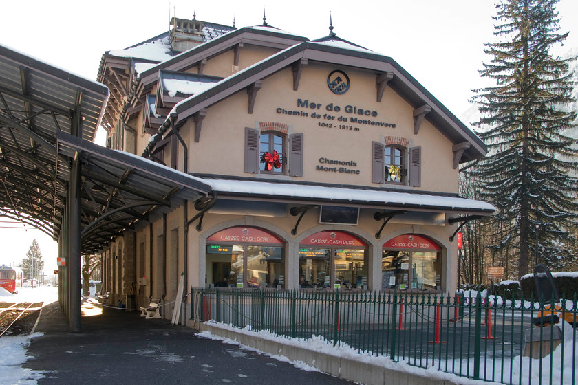 Station, Chamonix Montenvers Mer De Glace 
 The elegant and somewhat over-sized station building at Chamoninx's Mer De Glace station. The railway had closed for the day by this time hence the lack of people queuing for tickets. During the working day, this queue snaked around the cleared area in front of the cashiers' windows. 
 Keywords: Station Chamonix Montenvers Mer De Glace