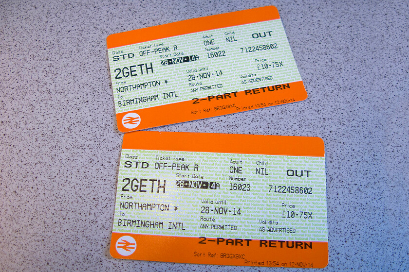 Tickets, Northampton-Birmingham International 
 Our off-peak outward tickets from Northampton to Birmingham International. Pretty good value at just over 20 return for the pair of us is another example of where railways are challenging road transport. 
 Keywords: Tickets Northampton-Birmingham International