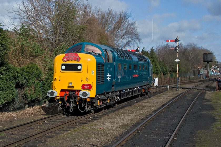 55009, coming off-shed, Loughborough (GCR) station 
 With the sun now out from behind some threatening cloud behind me this image looks totally different to the previous one taken in exactly the same spot on the platform end of Loughborough's GCR station. 55009 'Alycidon' (still masquerading as 55013 'The Black Watch') is running round the station having just been started up in readiness to work the short distance south to Quorn and Woodhouse conveying DPS members to their AGM. The last time I saw and photographed Number 9 things were very different with it having disgraced itself on our returning railtour from Scarborough, see.... https://www.ontheupfast.com/p/21936chg/30044658362/x55009-55013-coronation-deltic-17 
 Keywords: 55009 coming off-shed Loughborough GCR station Great Central Railway Alycidon DPS Deltic Preservations Society